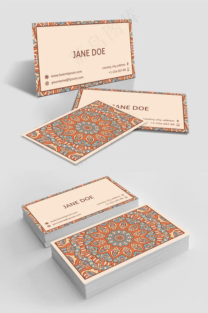 复古手绘水彩花纹民族名片ai矢量模版下载