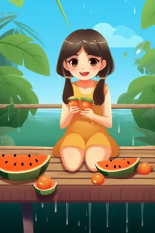 女孩坐着乘凉水果插画背景