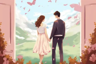 粉色鲜花的房子里的情侣牵手向外面的草原山川走去插画图 