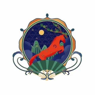 中国风国潮十二生肖马手绘烫金插画春节剪纸元素PSD设计素材