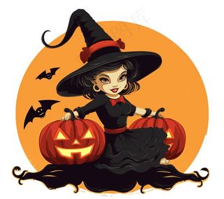 万圣节女巫蝙蝠南瓜卡通插画免抠