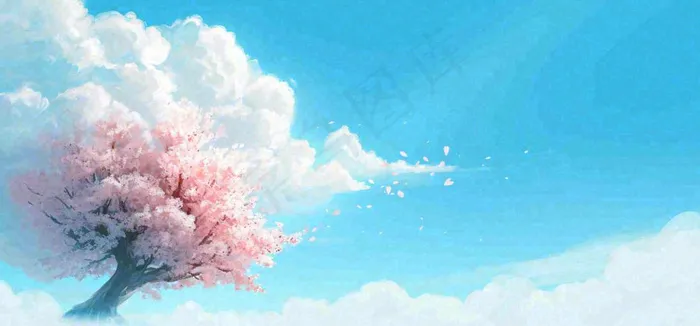 春天蓝色的天空和粉红色的书梦幻场景(1616x752)