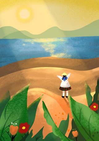 原创插画风景艺术简约沙滩绿植