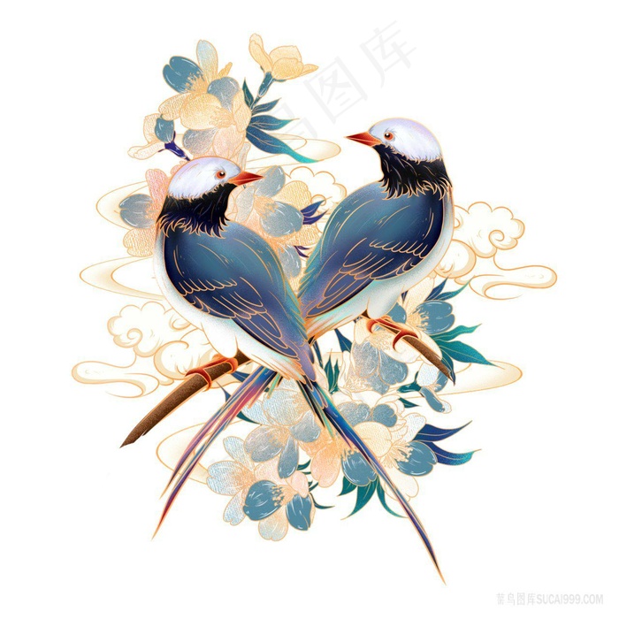 国画花鸟祥云素材