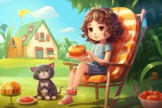 夏日清新女孩吃水果小猫背景