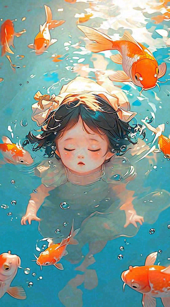 夏天泳池金鱼孩子婴儿游泳游玩(816x1472)