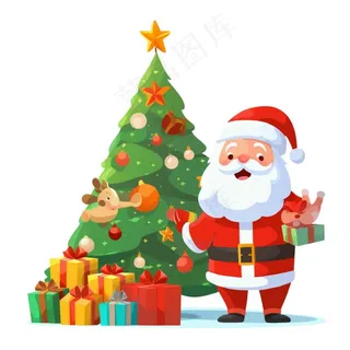 圣诞老人圣诞树礼物卡通插画免抠
