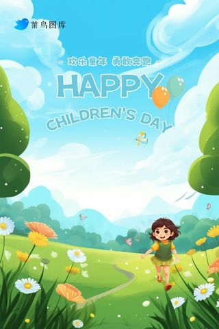 儿童节草地奔跑童真海报