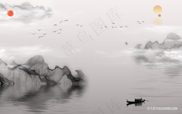 水墨湖畔木船风景画