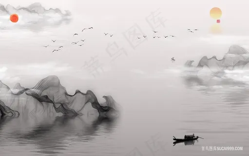 水墨湖畔木船风景画 水墨湖畔木船风景画