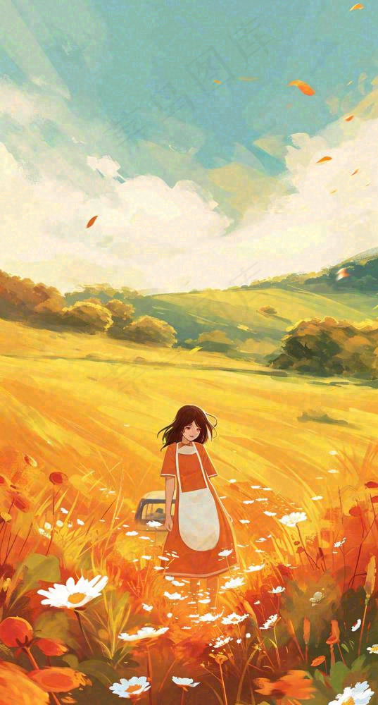 春日浪漫山脉鲜花草坪里的女孩，油画手绘插画，春分(800x1488)
