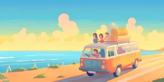 开车旅行海边公路天空云朵插画背景