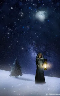 冬季雪地美女提灯笼星空图片 冬季雪地美女提灯笼星空图片