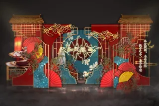 红蓝色中式传统婚礼迎宾区效果图
