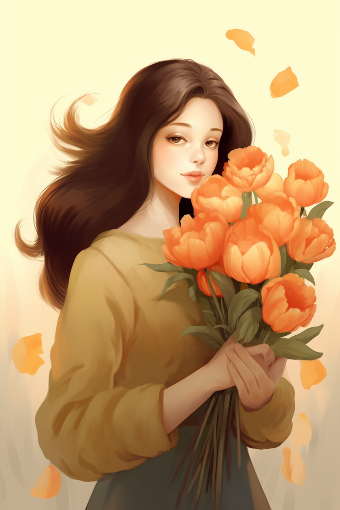 美丽少女抱着一束鲜花卡通插画黄色背景