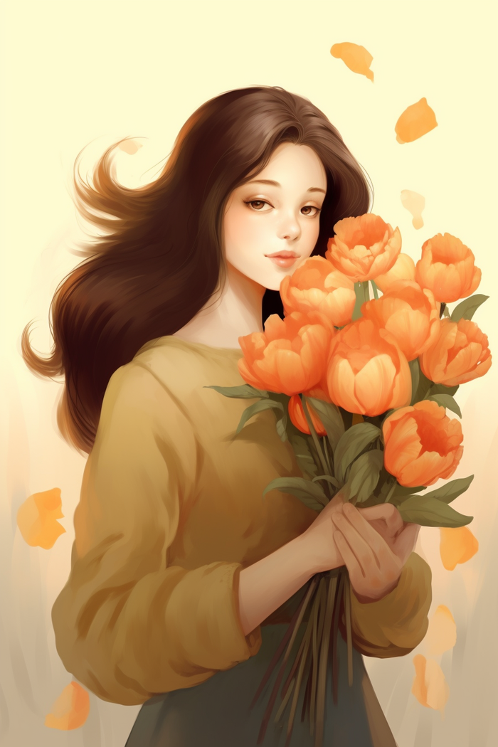 美丽少女抱着一束鲜花卡通插画黄色背景(x)