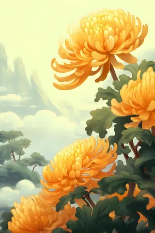 菊花国风山水插画