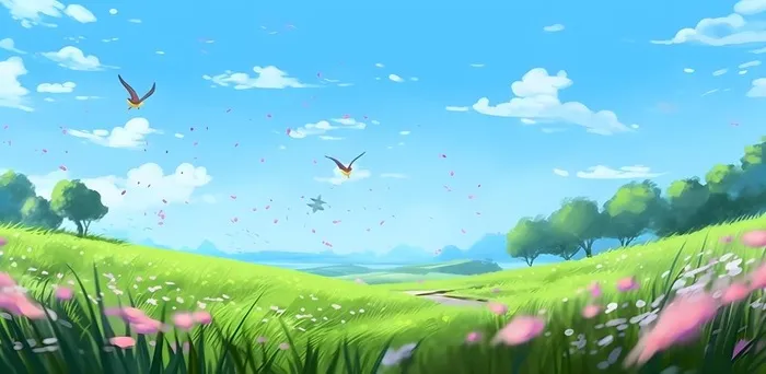 春天蓝天白云草原绿色树草地手绘插画海报素材背景(6272x3072)