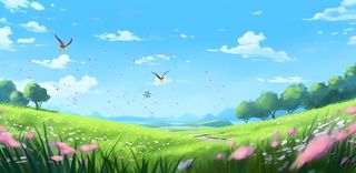 春天蓝天白云草原绿色树草地手绘插画海报素材背景