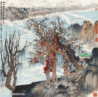 水墨湖畔树木高清装饰画