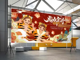 2022虎年贺岁春节元旦喜庆国潮插画横幅海报展板53