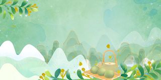 中国复古国风国潮清明节青团插画海报背景春季踏青春游psd素材图