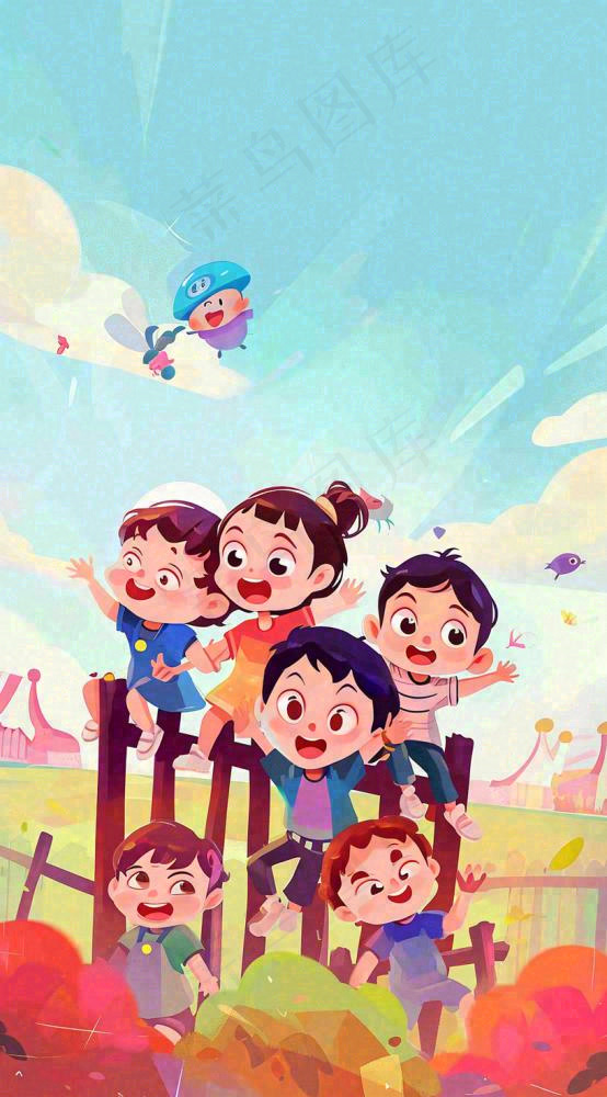 欢乐游乐场孩子游玩卡通插画手绘，儿童节童年(816x1472)