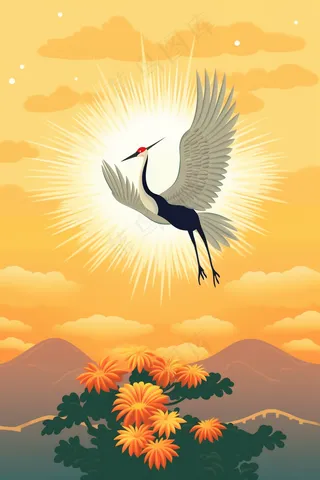 秋季鲜花盛开菊花仙鹤鸟重阳素材插画背景