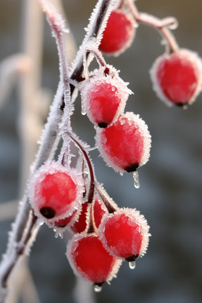 冬季冰雪覆盖红色果实上雾凇摄影图(2688x4032)