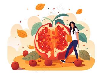 石榴水果少女卡通插画免抠