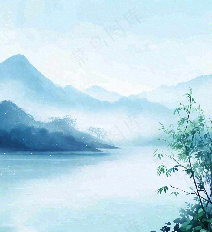 中国风意境湖面山脉云层山水画插画(1024x1120)