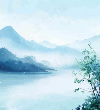 中国风意境湖面山脉云层山水画插画