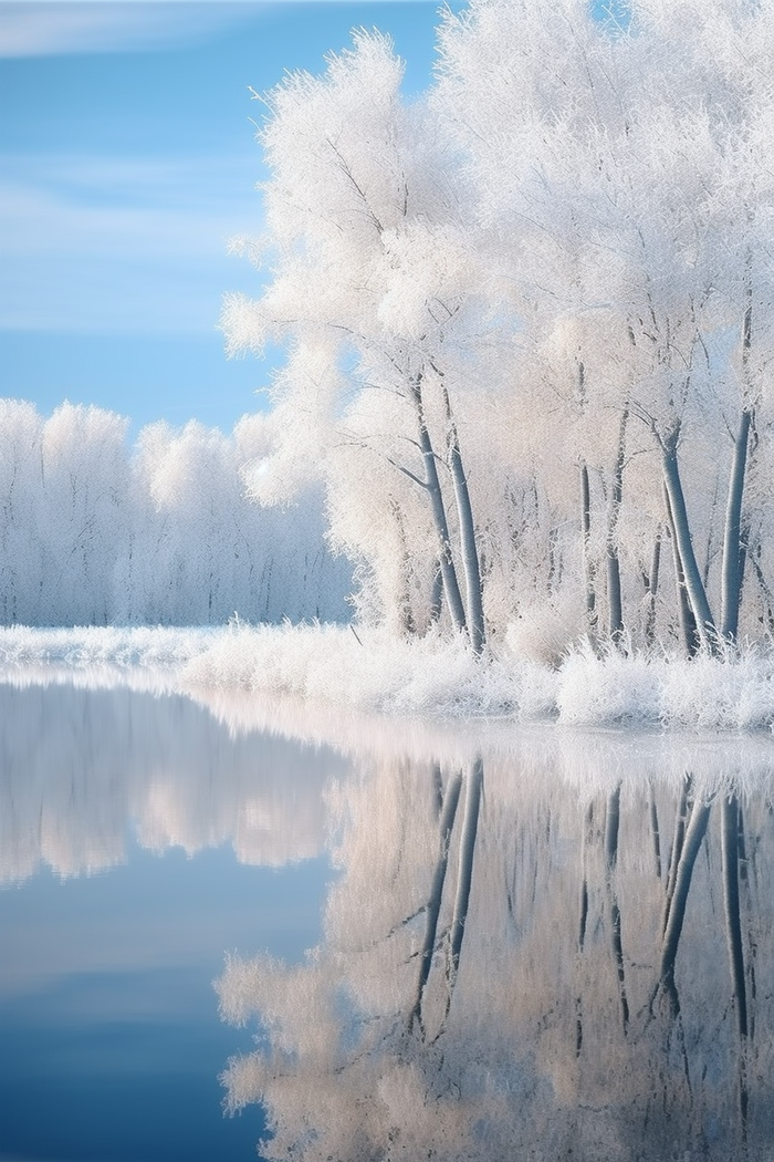 冬天雪景湖边的树木摄影图