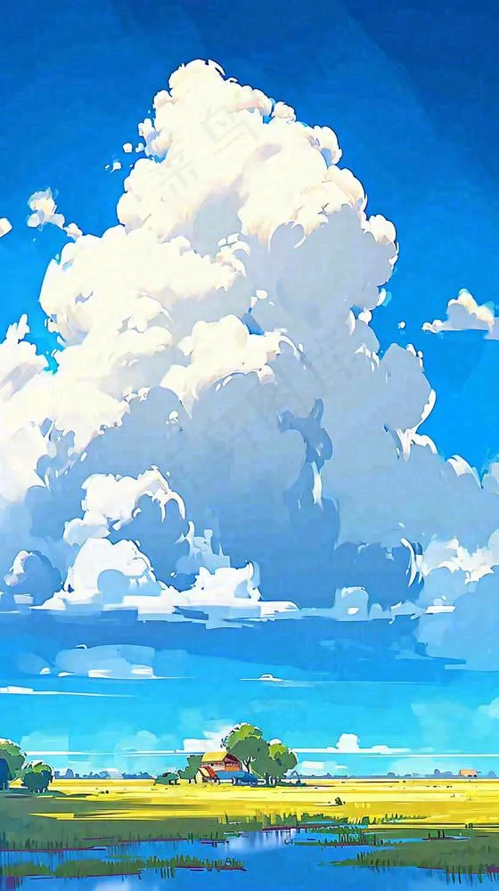 春天乡村河流倒影草地蓝天白云小屋手绘插画(816x1456)