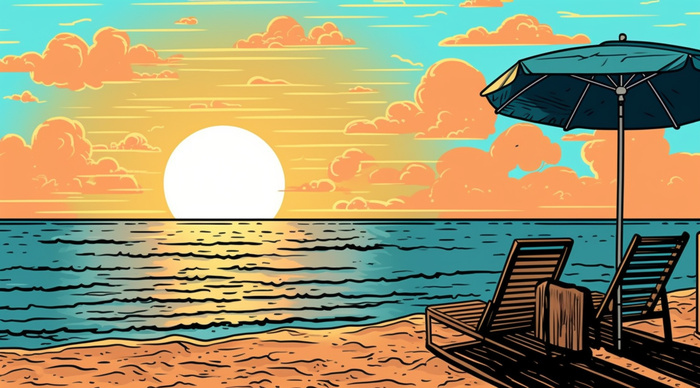 海边度假，极简背景风格，充满活力的漫画，充满活力的卡通，浅棕色和天蓝色插画背景(5888x3264)