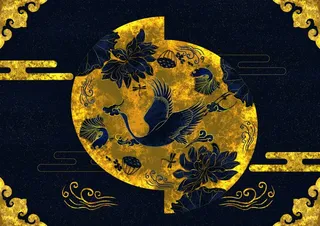 国潮鎏金复古烫金国风孔雀仙鹤装饰画素材PSD