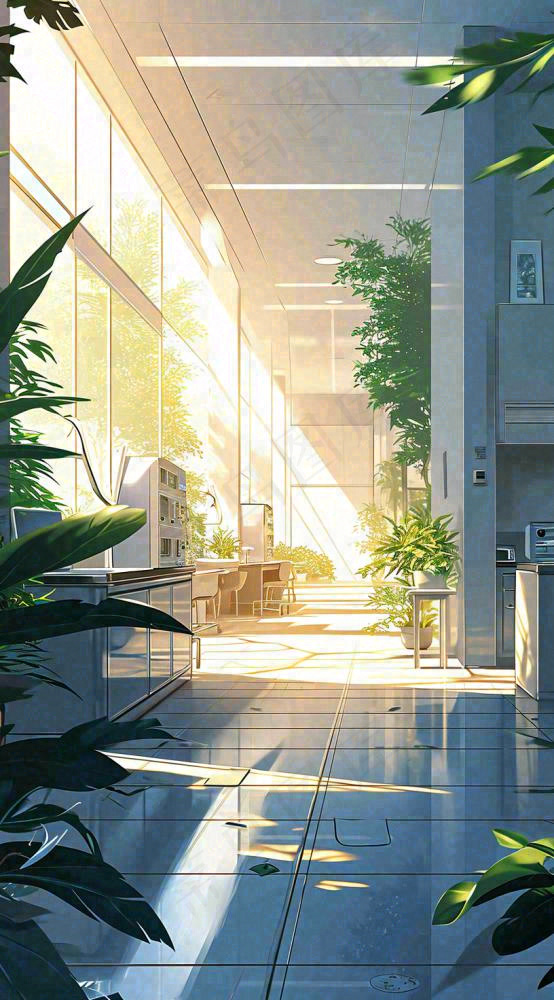 夏天明媚的阳光洒进办公室绿色的植物在办公室走廊上，线性插画手绘(816x1472)