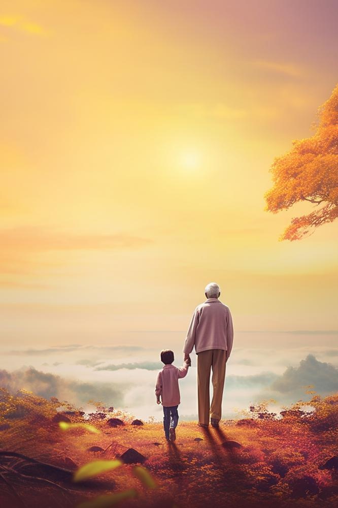 落日黄昏老人儿童陪伴海报背景