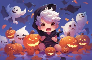 万圣节可爱搞怪小孩幽灵卡通插画素材