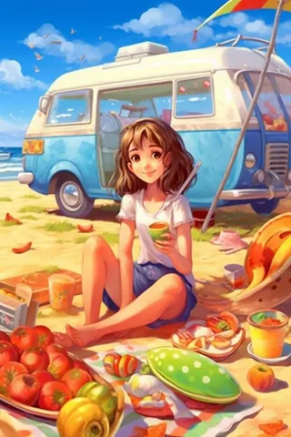 女孩阳光沙滩露营插画背景