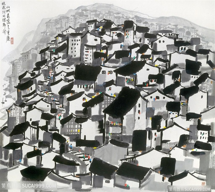 吴冠中手绘水墨乡村房子装饰画
