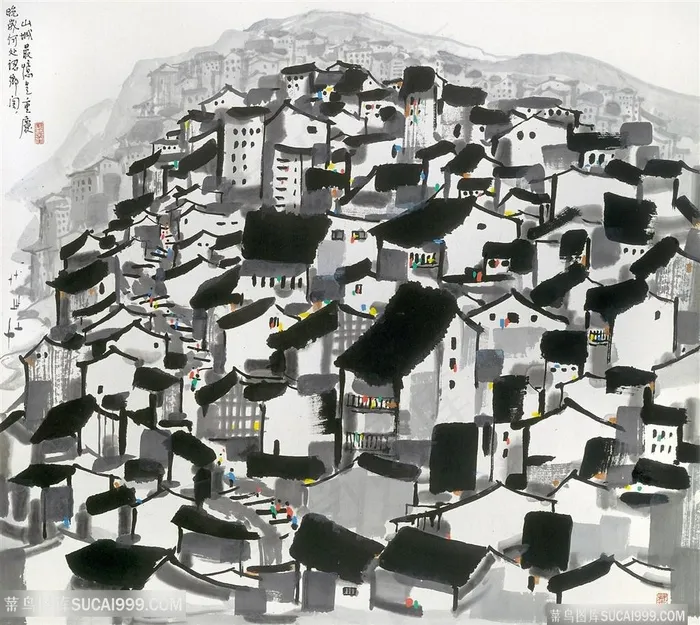 吴冠中手绘水墨乡村房子装饰画