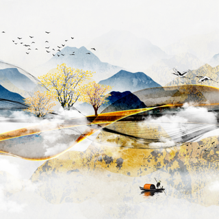 轻奢北欧现代简约招财麋鹿福禄双全一帆风顺招财树山水波浪波纹装饰画玄关画