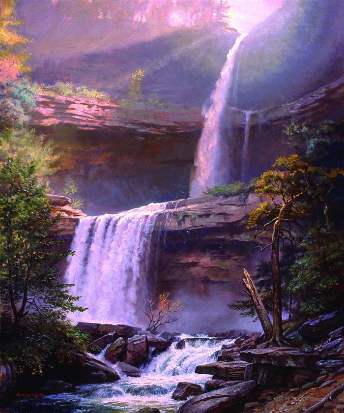 流水瀑布山峦美景油画
