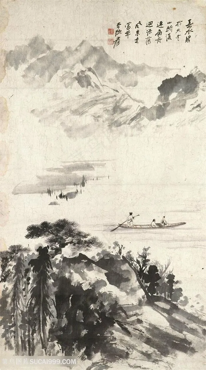 张大千手绘水墨山脉湖畔美景