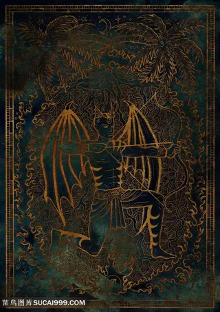 黑暗色系射手座十二星座底纹背景图片手绘插画