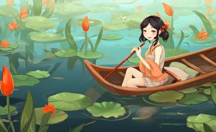 在湖中划船的女孩睡莲绿叶插画海报背景(5632x3456)