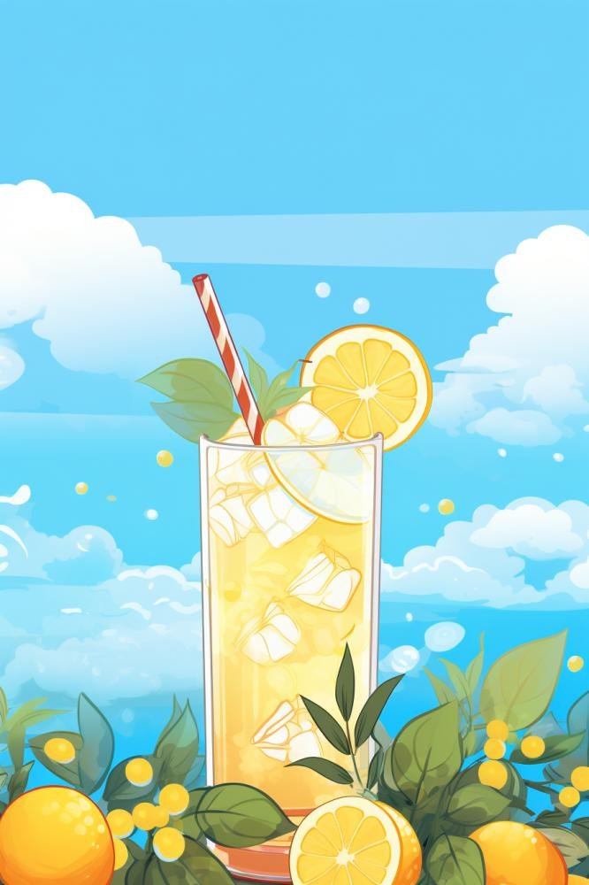 清新蓝天冰饮柠檬冰块插画背景