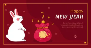 手绘兔年新年快乐红色背景