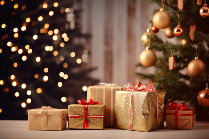 圣诞礼物圣诞树灯氛围摄影图